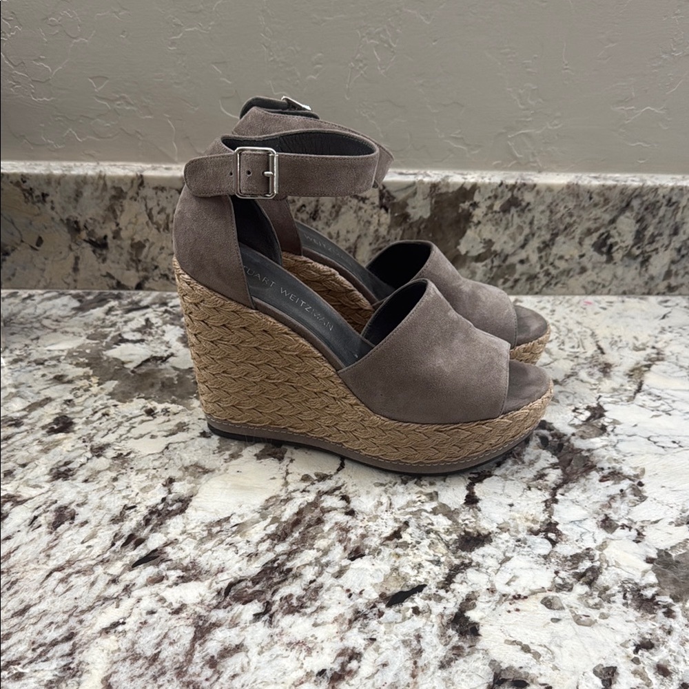 Stuart Weitzman Suede Gray Ankle-Strap Espadrille Wedge Sandals, 8.5
